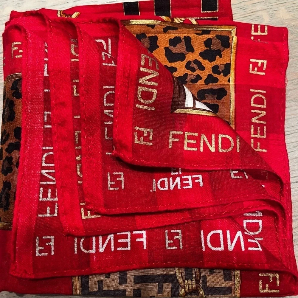 Vintage Fendi Red Silk Scarf – Chain & FF Logo Patch Print, 1980s-1990 EUC Italy